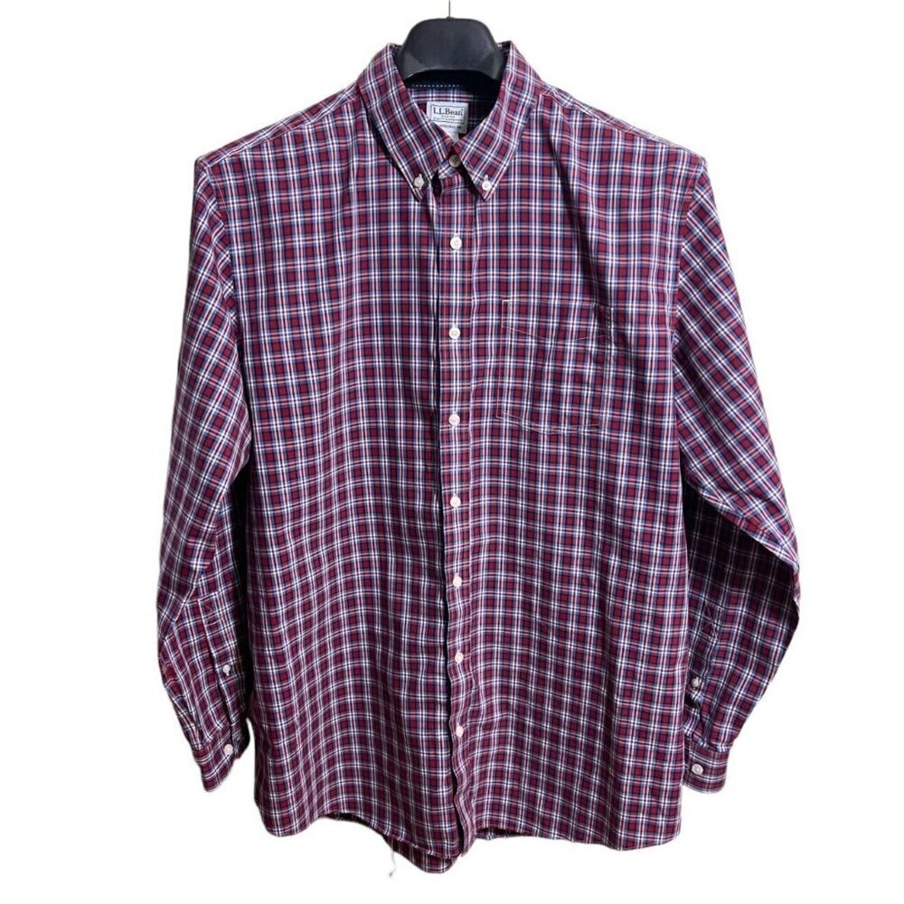 L.L. Bean Men's Red Blue Plaid Long‎ Sleeve Button Up Cotton L Tall Large Tall